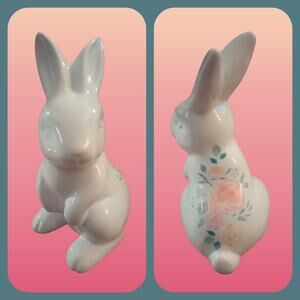 Ceramic White Bunny Rabbit with Floral Design Spring Decoration 7x5"